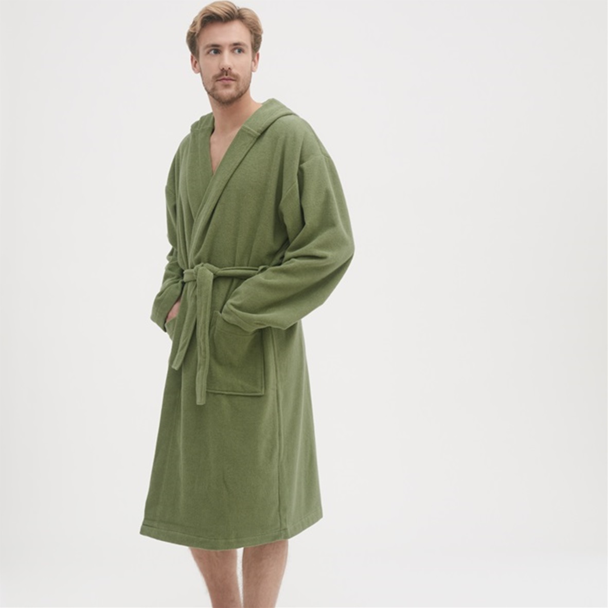 Khaki bathrobe with hood 