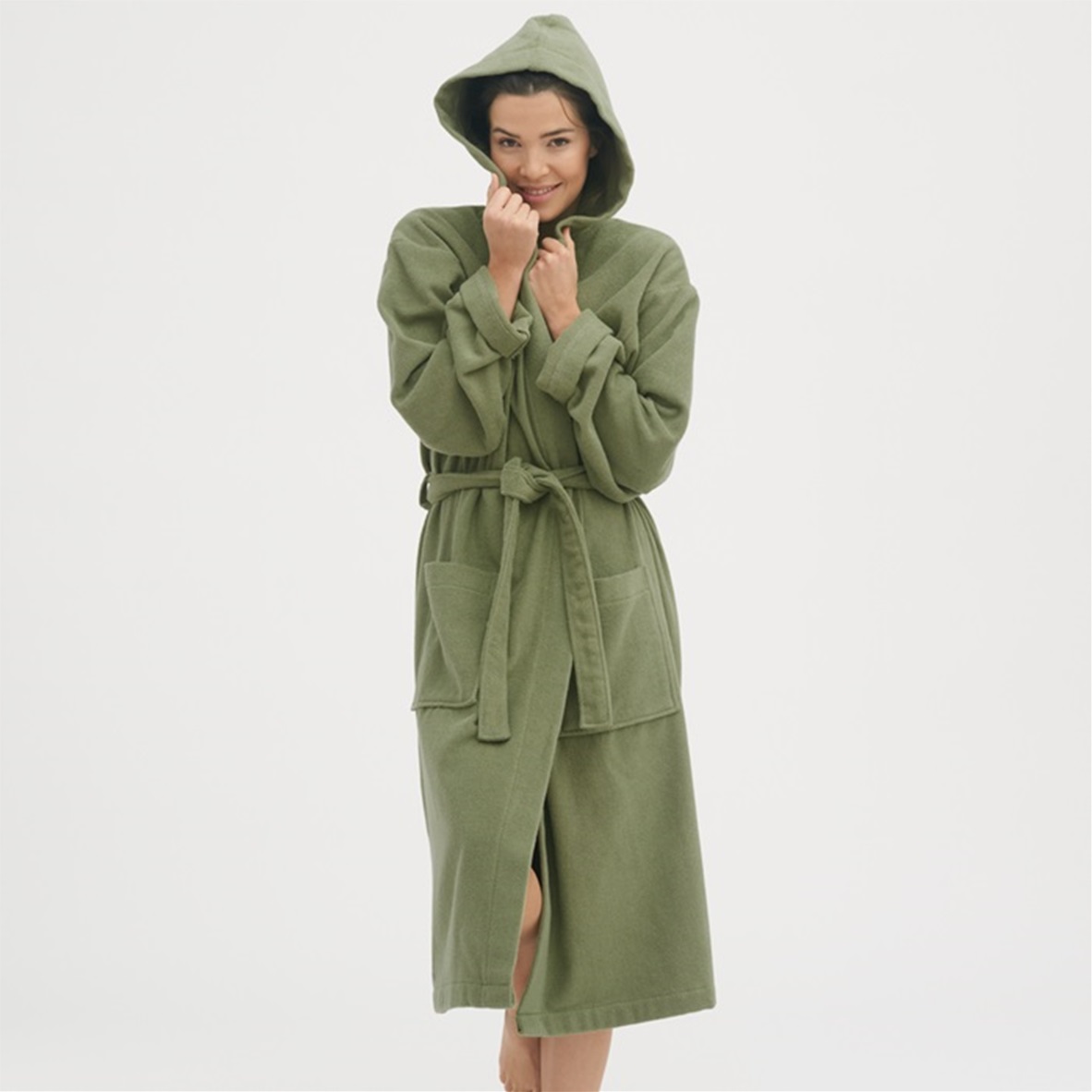 Khaki bathrobe with hood 